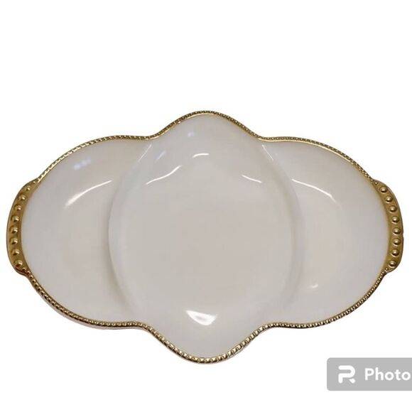 Fire King Anchor Hocking Milk Glass Relish Tray Divided Dish with Gilded Trim - Picture 1 of 8
